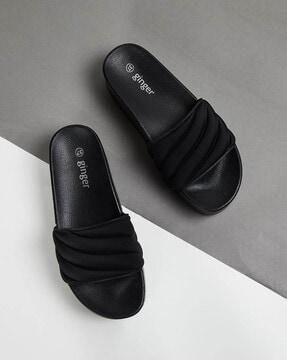 women quilted open-toe slides