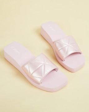 women quilted open-toe slides