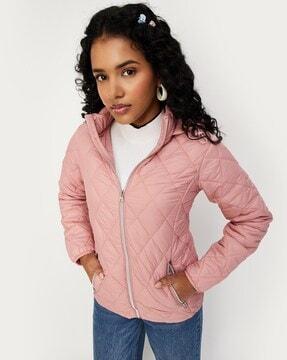 women quilted regular fit hooded bomber jacket