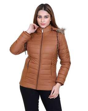 women quilted regular fit hooded puffer jacket