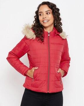 women quilted regular fit jacket with detachable hoodie