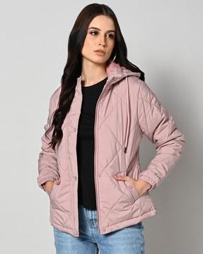 women quilted regular fit jacket with detachable hoodie