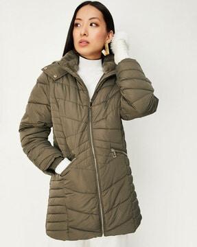 women quilted regular fit zip-front hooded bomber jacket