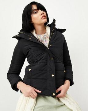 women quilted regular fit zip-front hooded bomber jacket