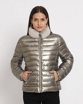 women quilted zip-front bomber jacket