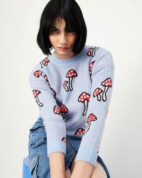 women quirky print round-neck sweater