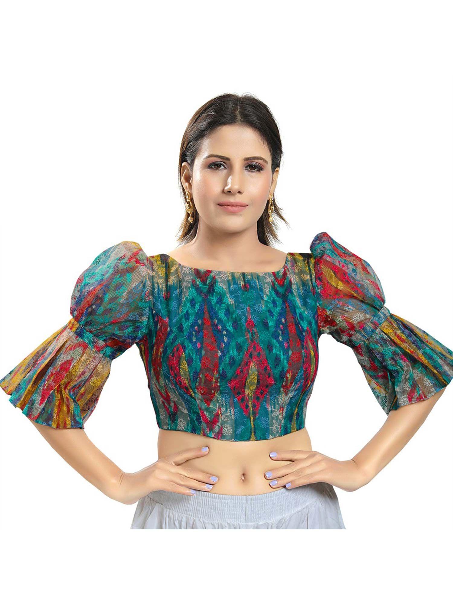 women rama green net printed readymade saree blouse