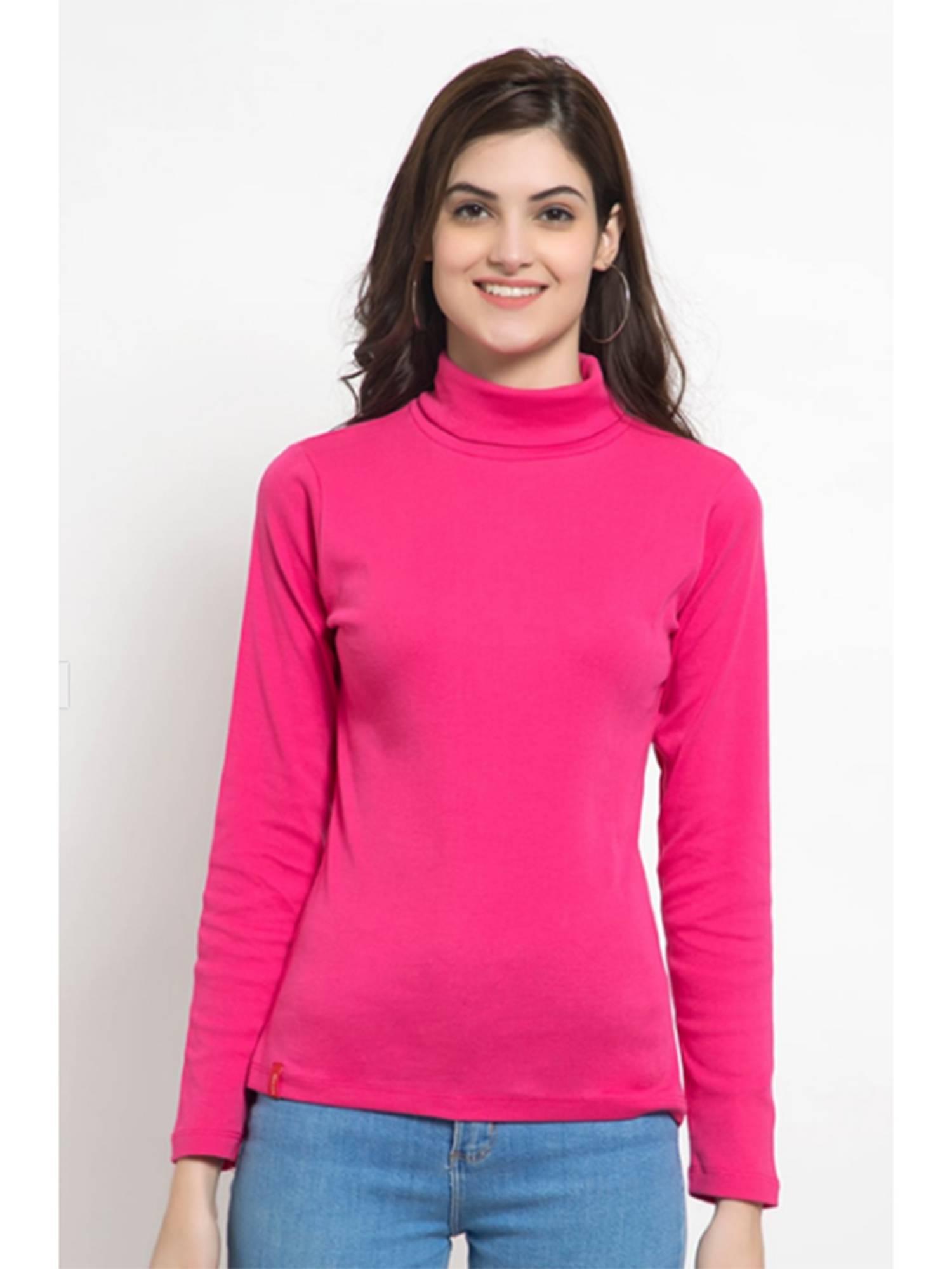 women rani pink solid turtle neck pure cotton top