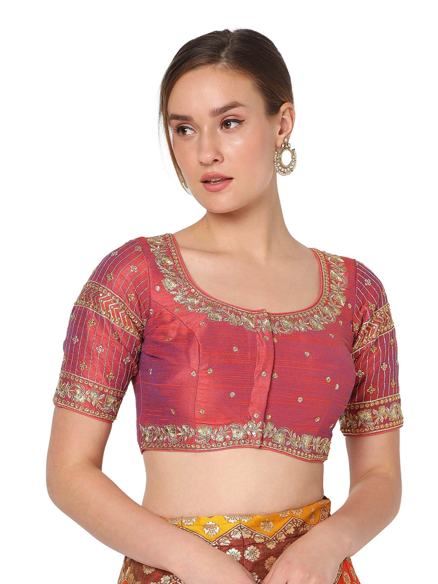 women rani raw silk embroidered readymade saree blouse
