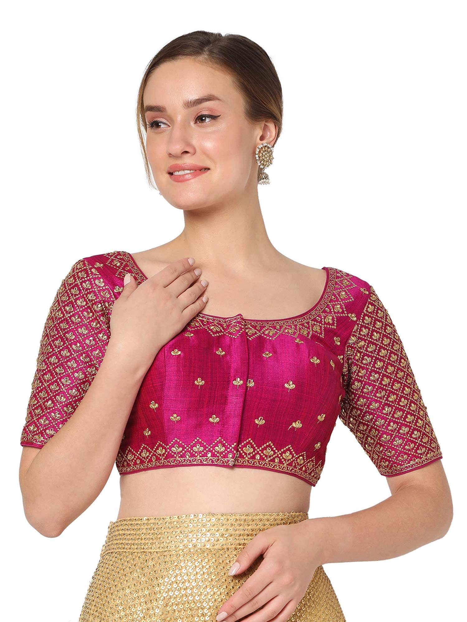 women rani silk blend embroidered readymade saree blouse
