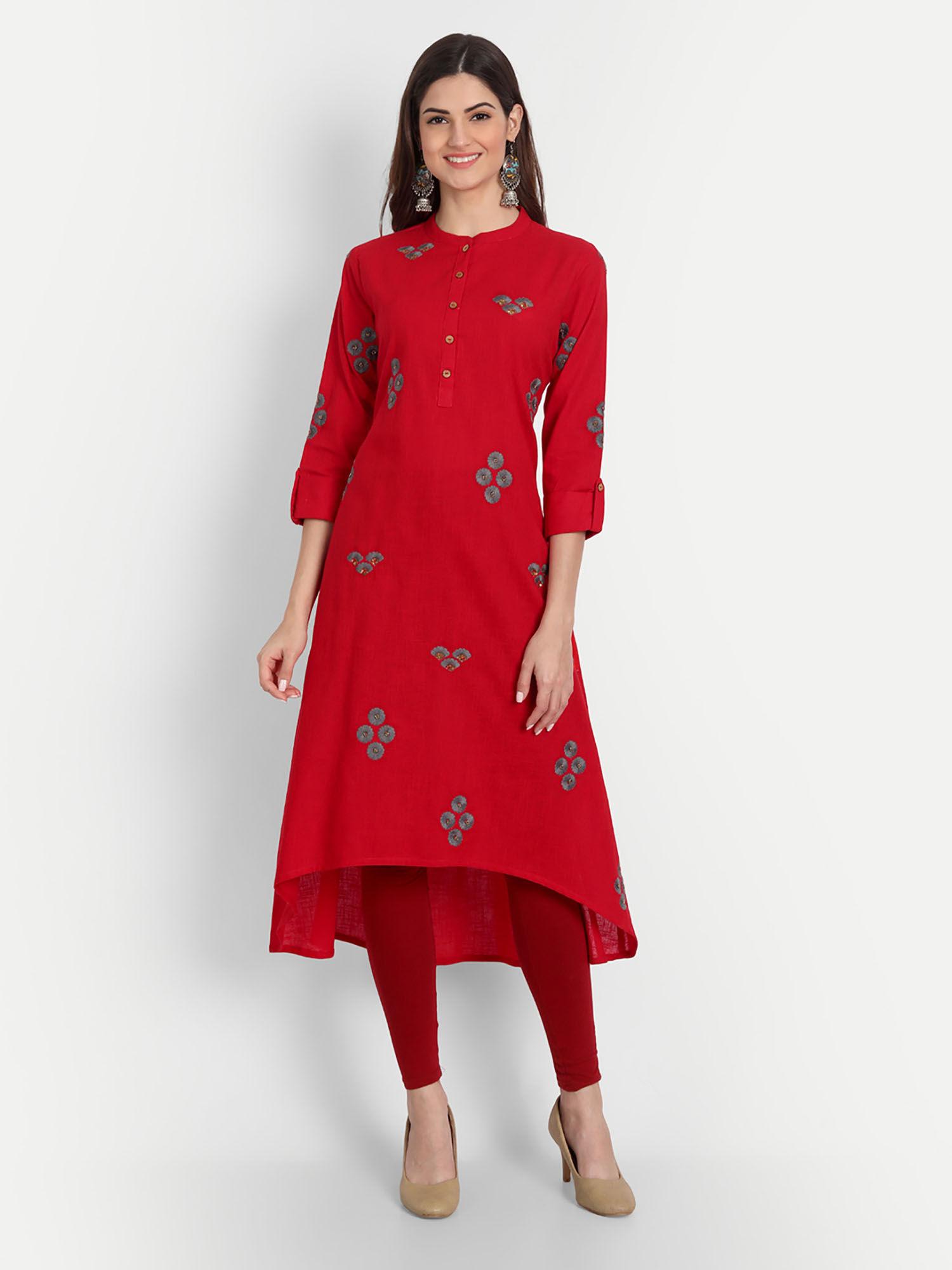 women rayon a line long embroidered kurti red