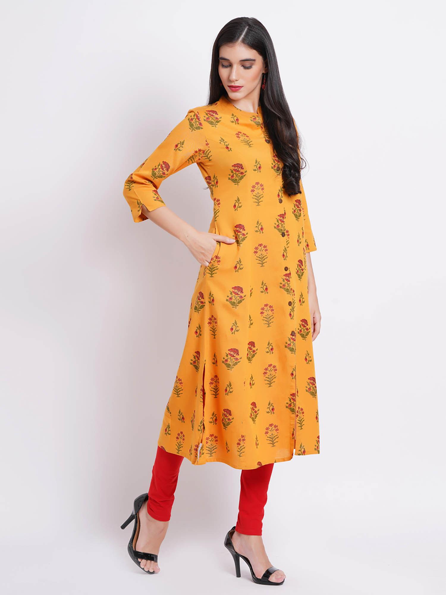 women rayon aline printed flared kurta with button placket button yellow