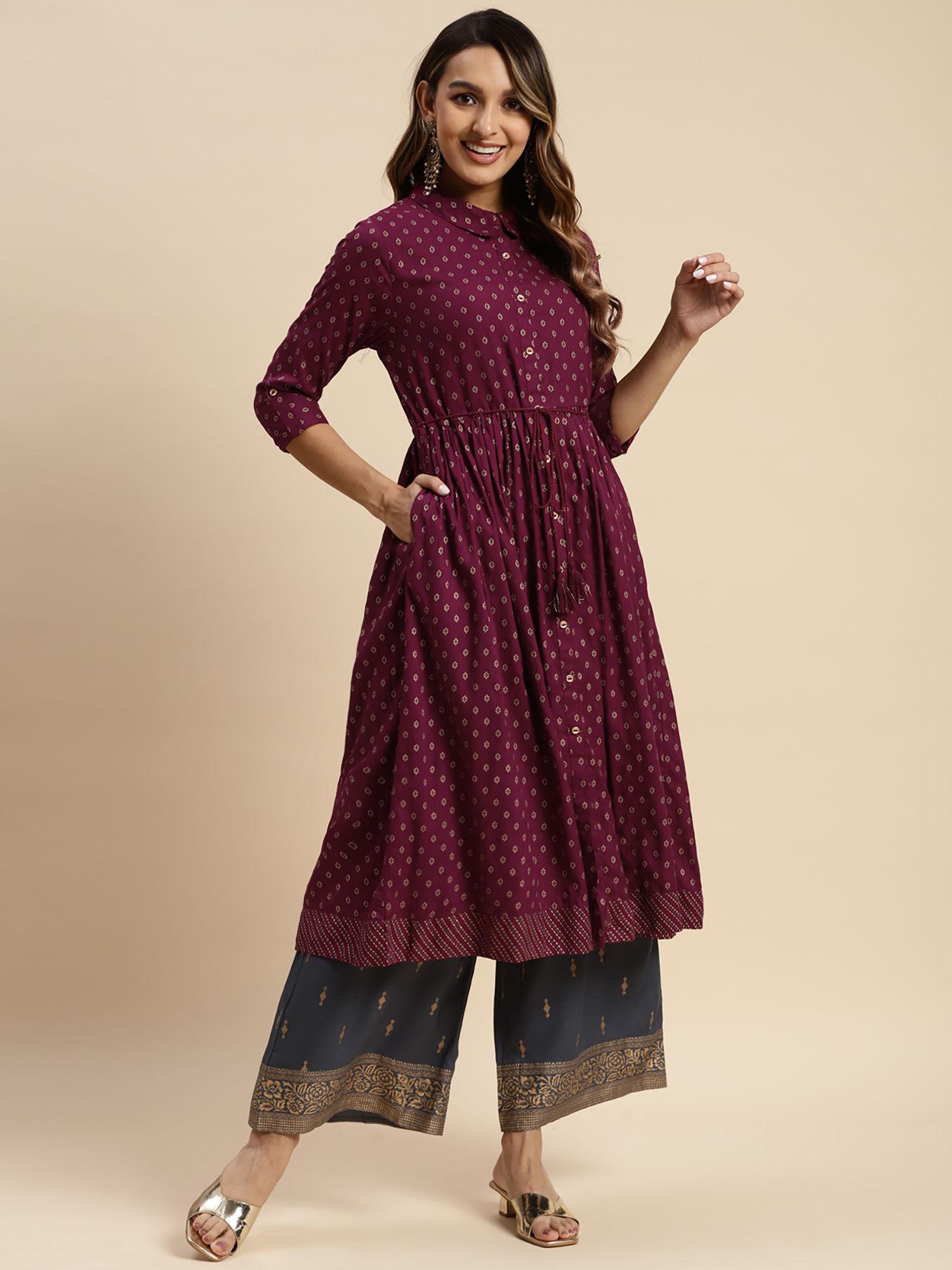 women rayon all over ethnic printed calf length flared kurta with side tie up -wine