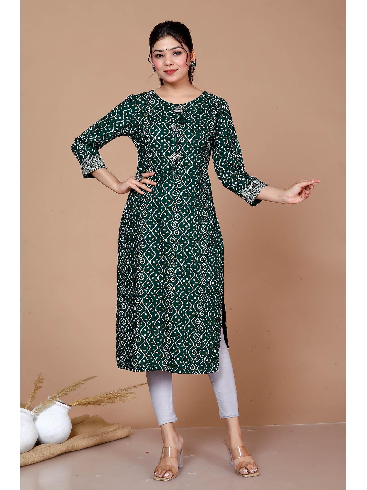 women rayon bandhani print straight kurta green