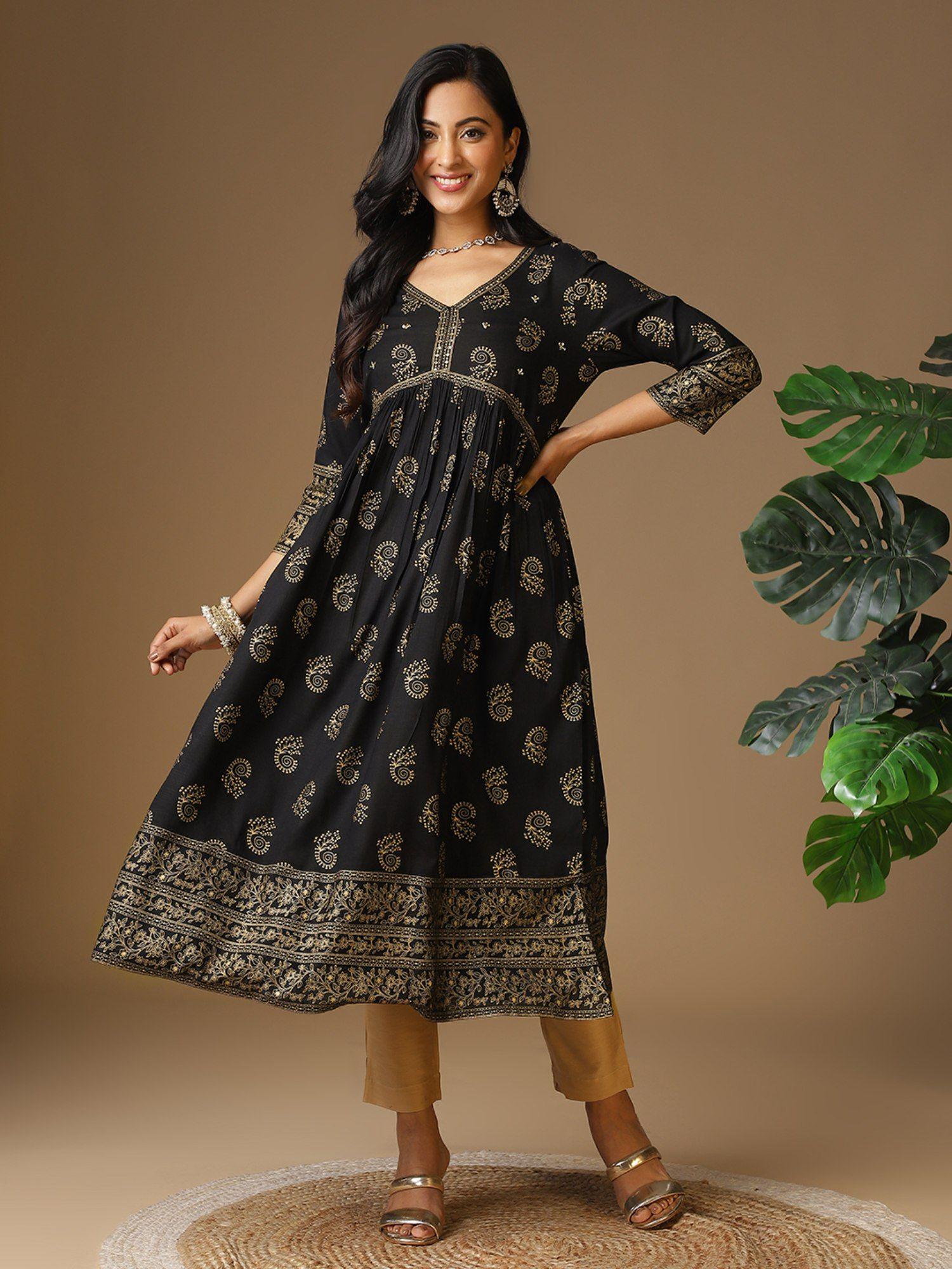 women rayon black embellished calf length anarkali kurta