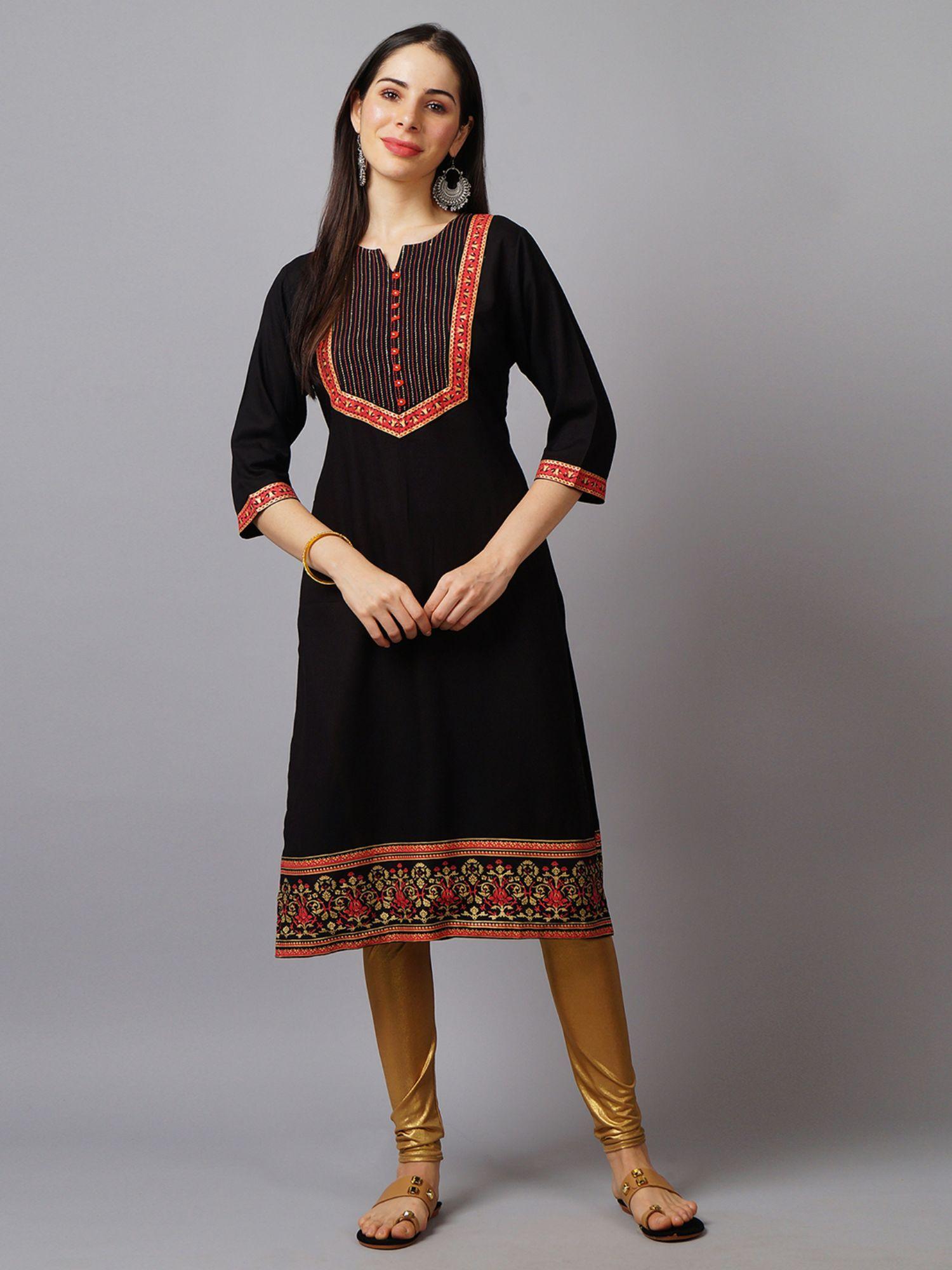 women rayon black ornamental printed kurta