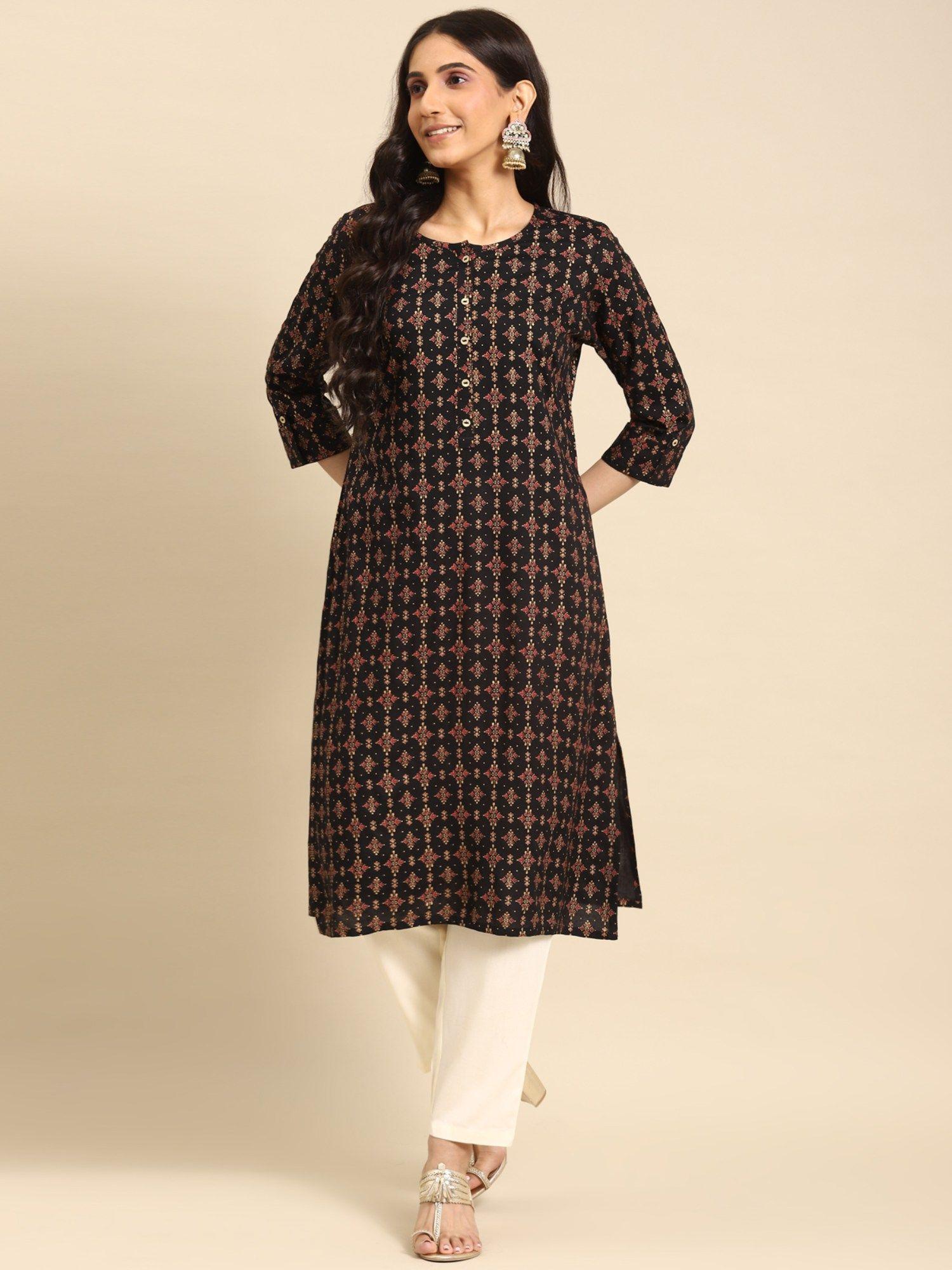 women rayon black printed calf length straight kurta