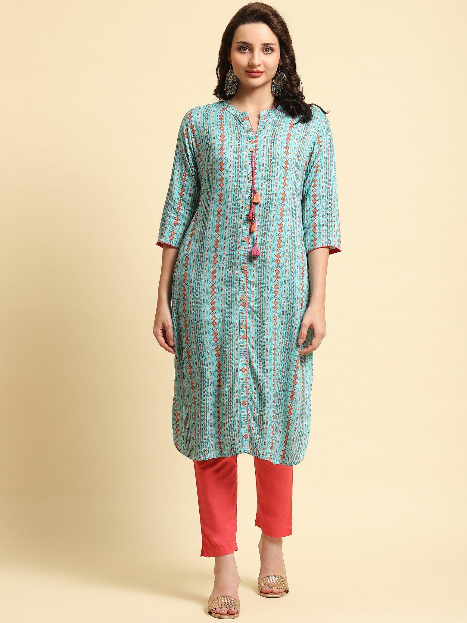 women rayon blue geometric printed kurta