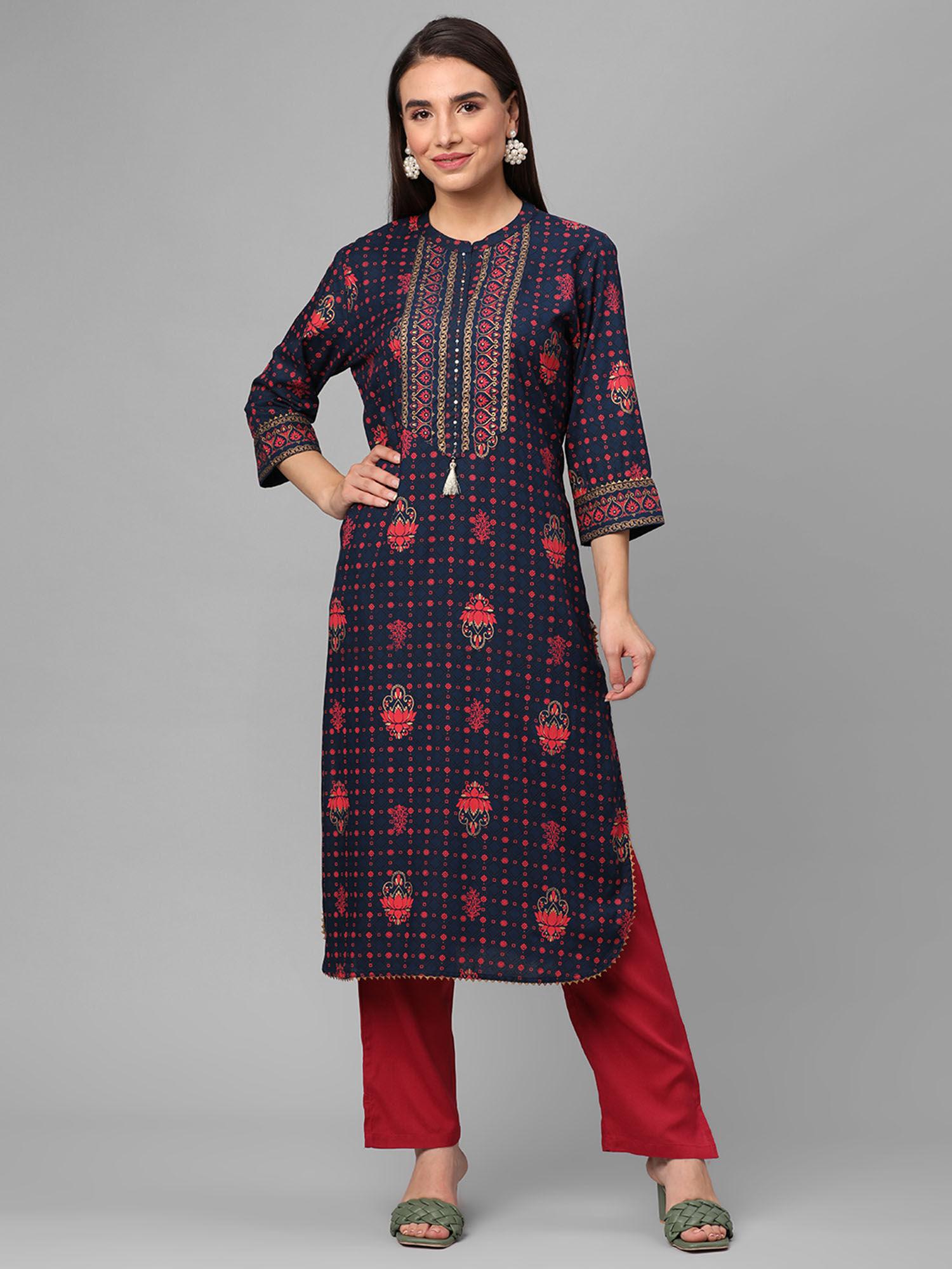 women rayon blue ornamental printed kurta