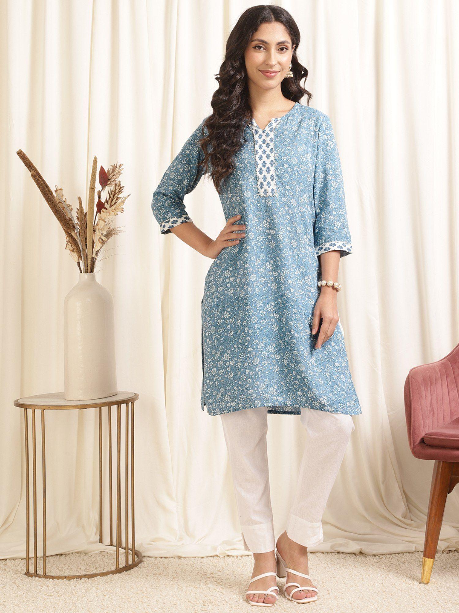 women rayon blue printed knee length straight kurta