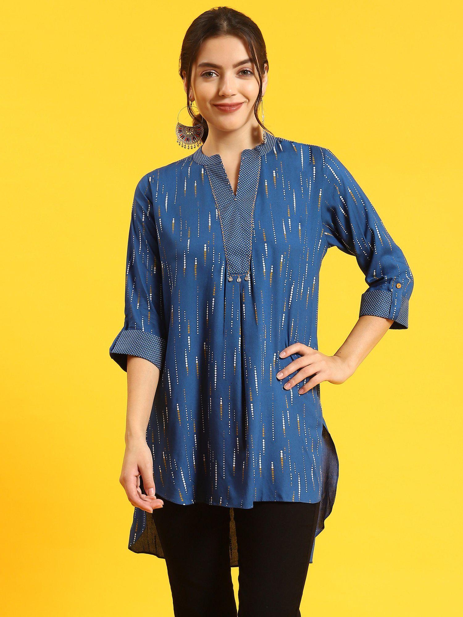 women rayon blue printed tunic