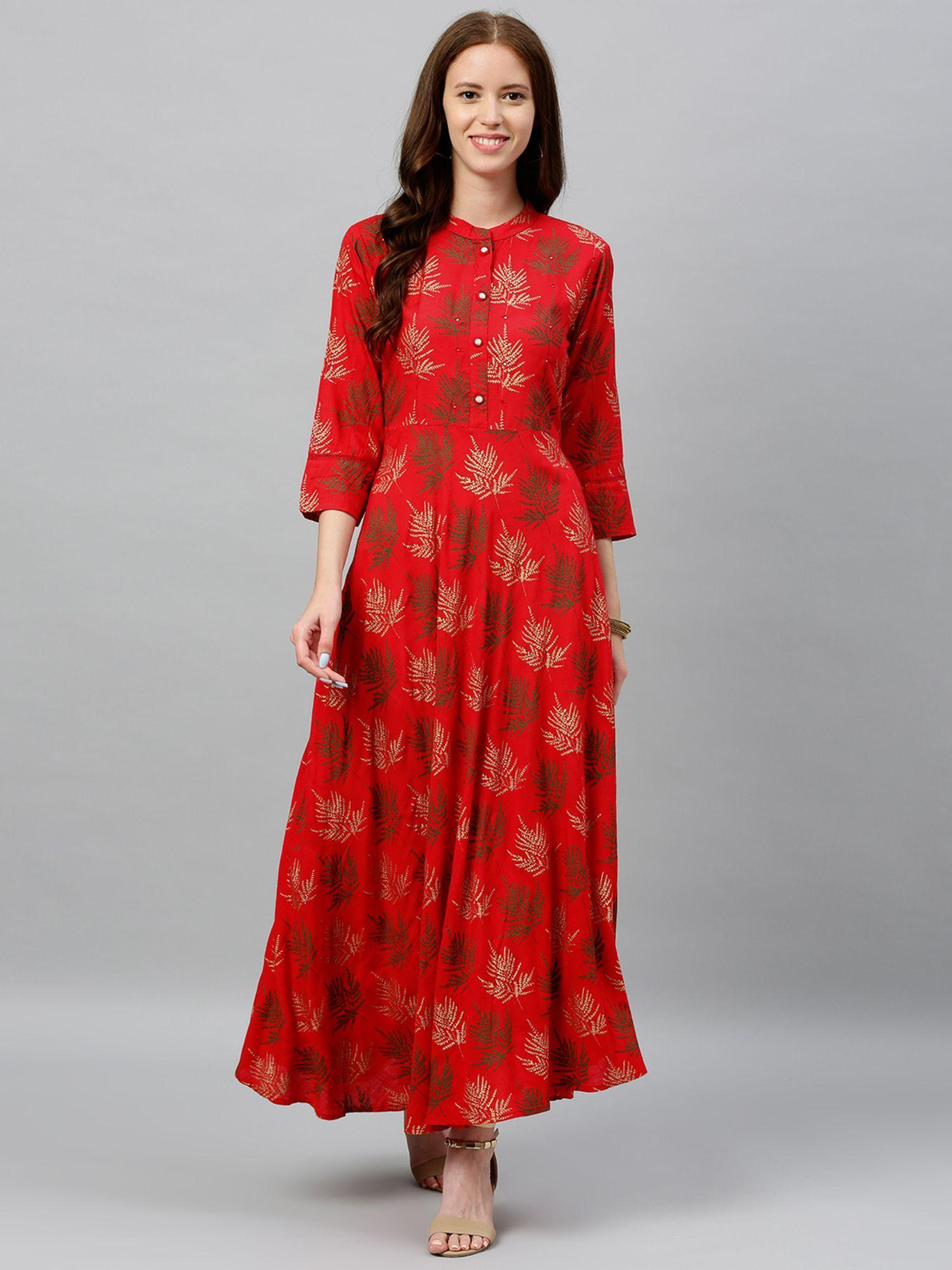 women rayon buta printed anarkali kurta red