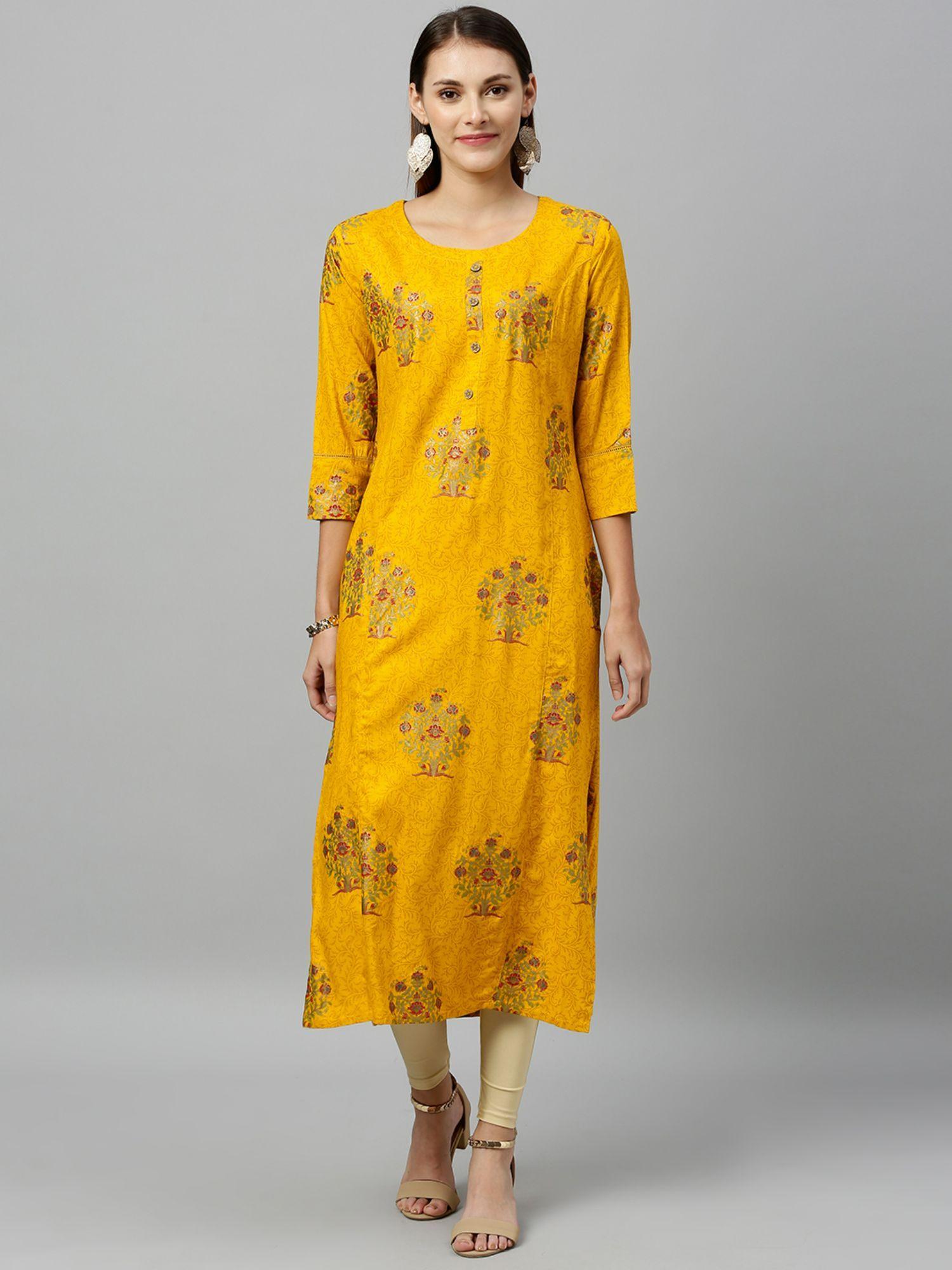 women rayon buta printed straight kurta mustard