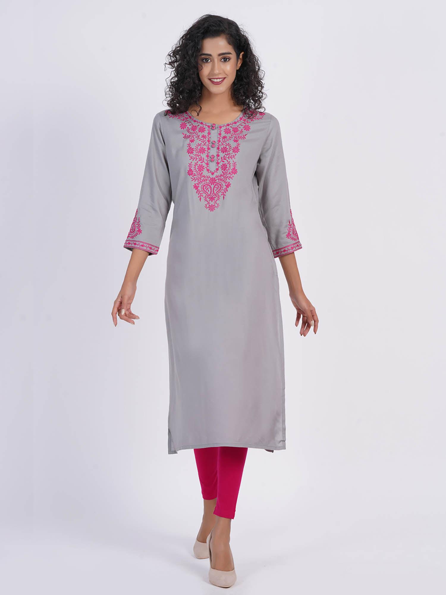 women rayon chikan kari embroidery work long straight kurta grey