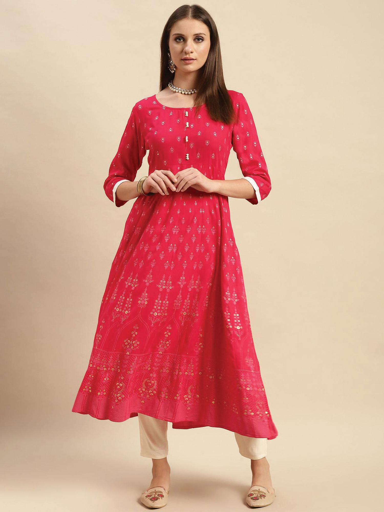 women rayon coral contrast button buta printed partywear anarkali kurta