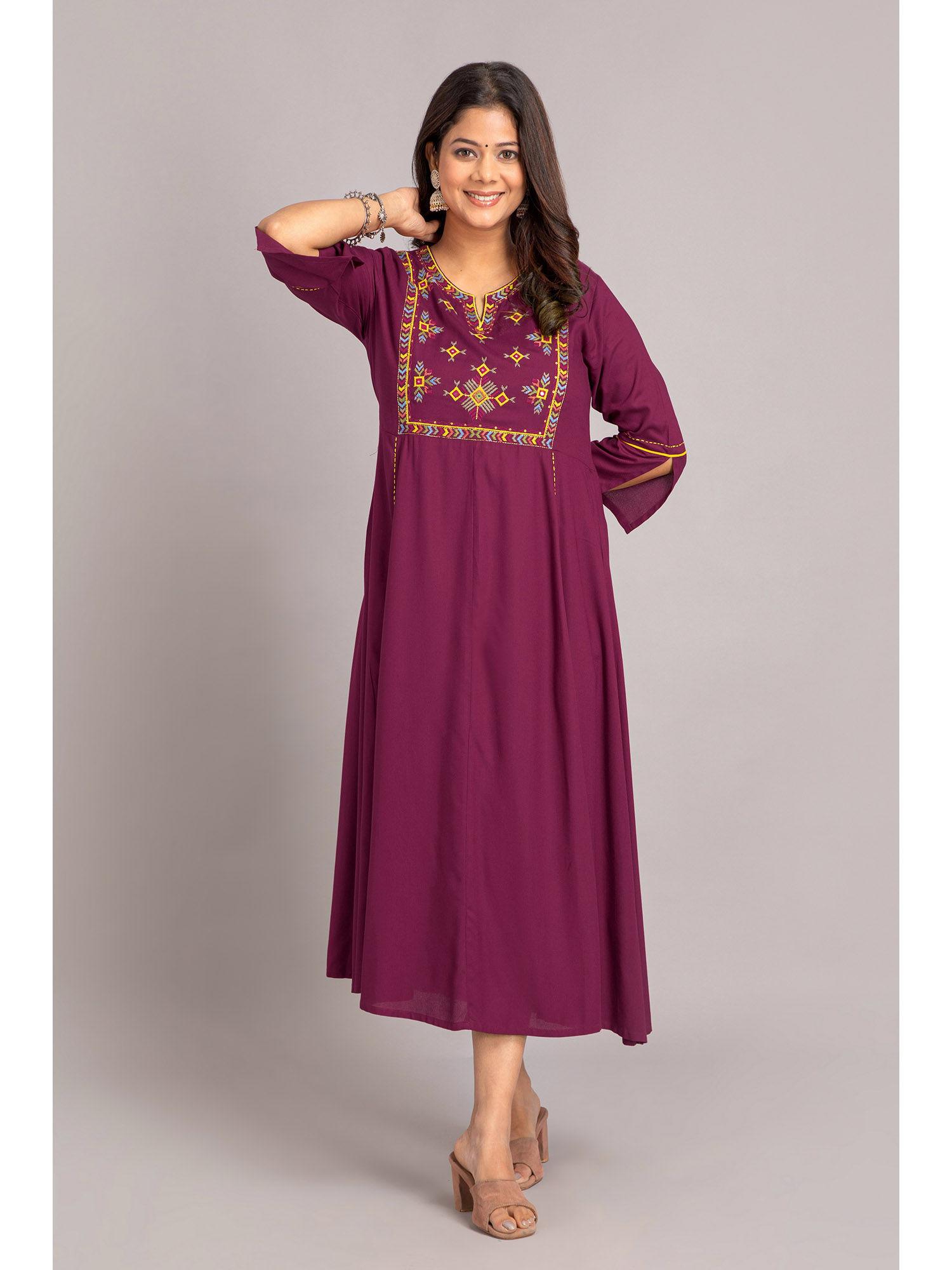 women rayon embroidered a-line dress - wine