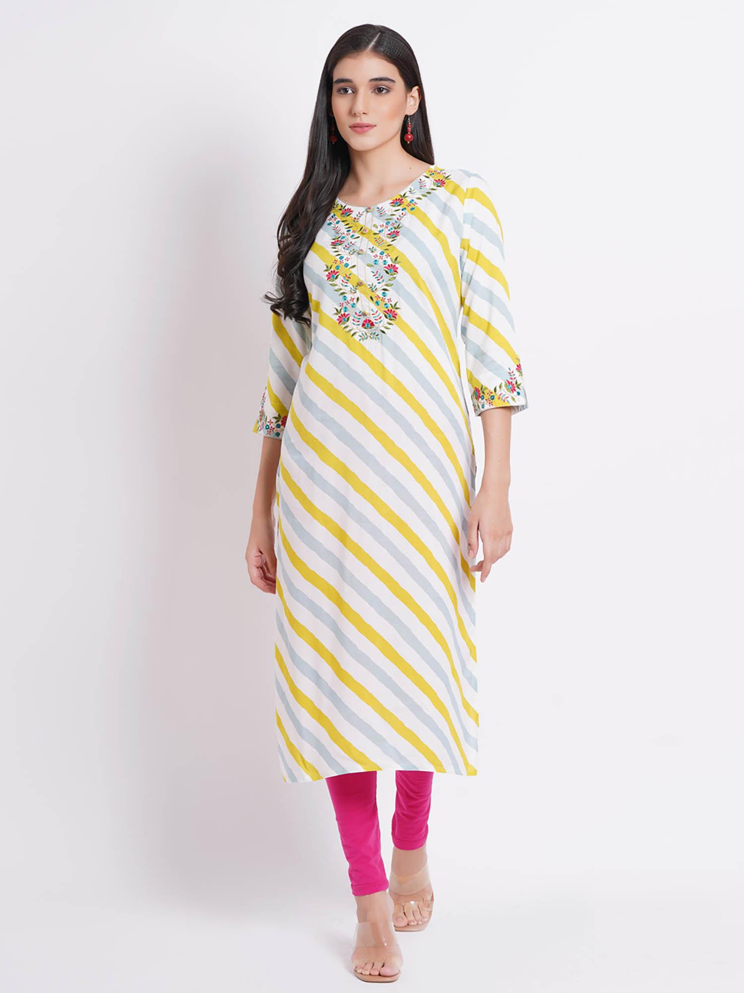 women rayon embroidered lehriya kurta with craft buttons white