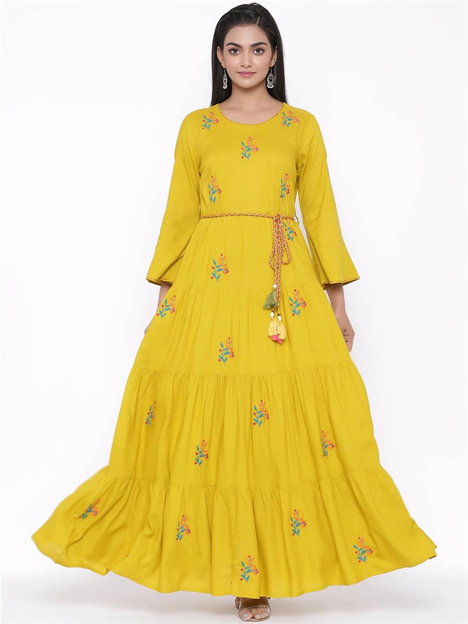 women rayon embroidery dress with belt mustard (set of 2)