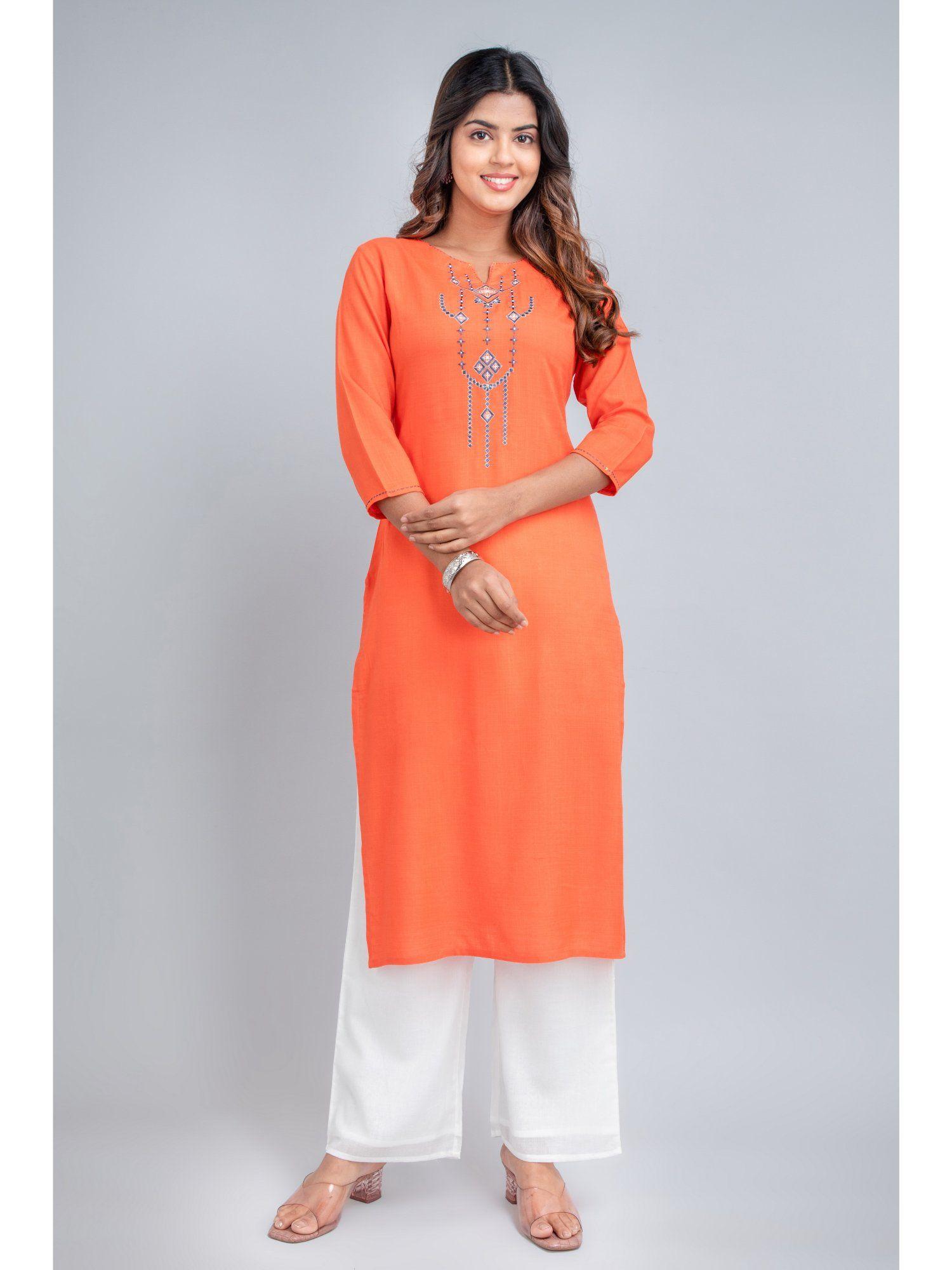 women rayon embroidery work kurta orange