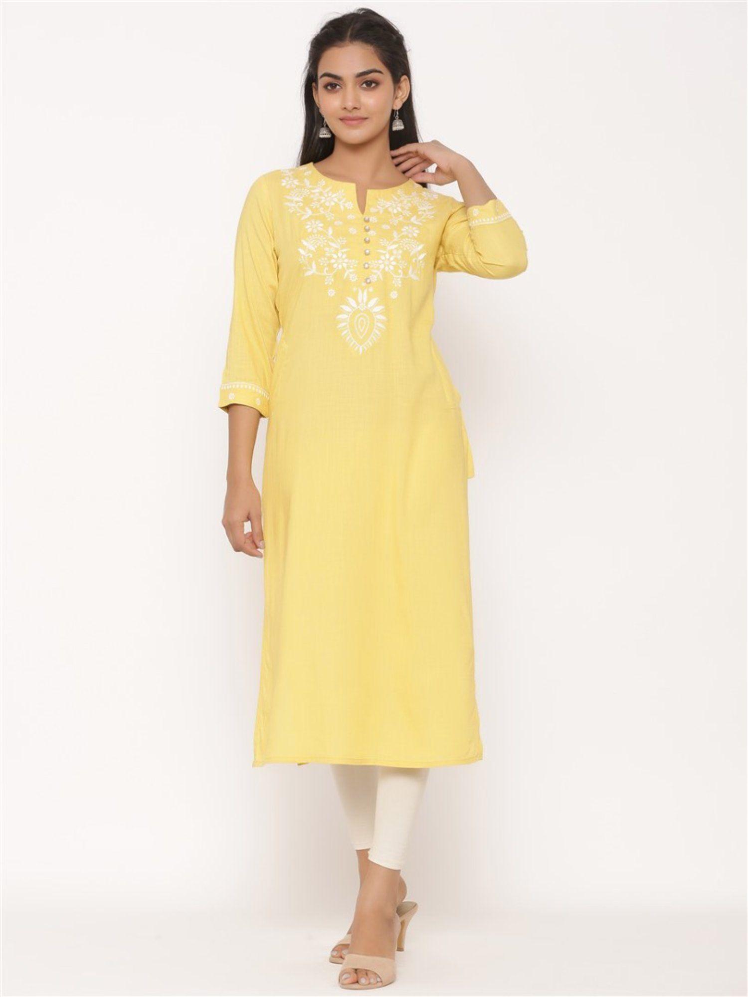 women rayon embroidery work kurta yellow