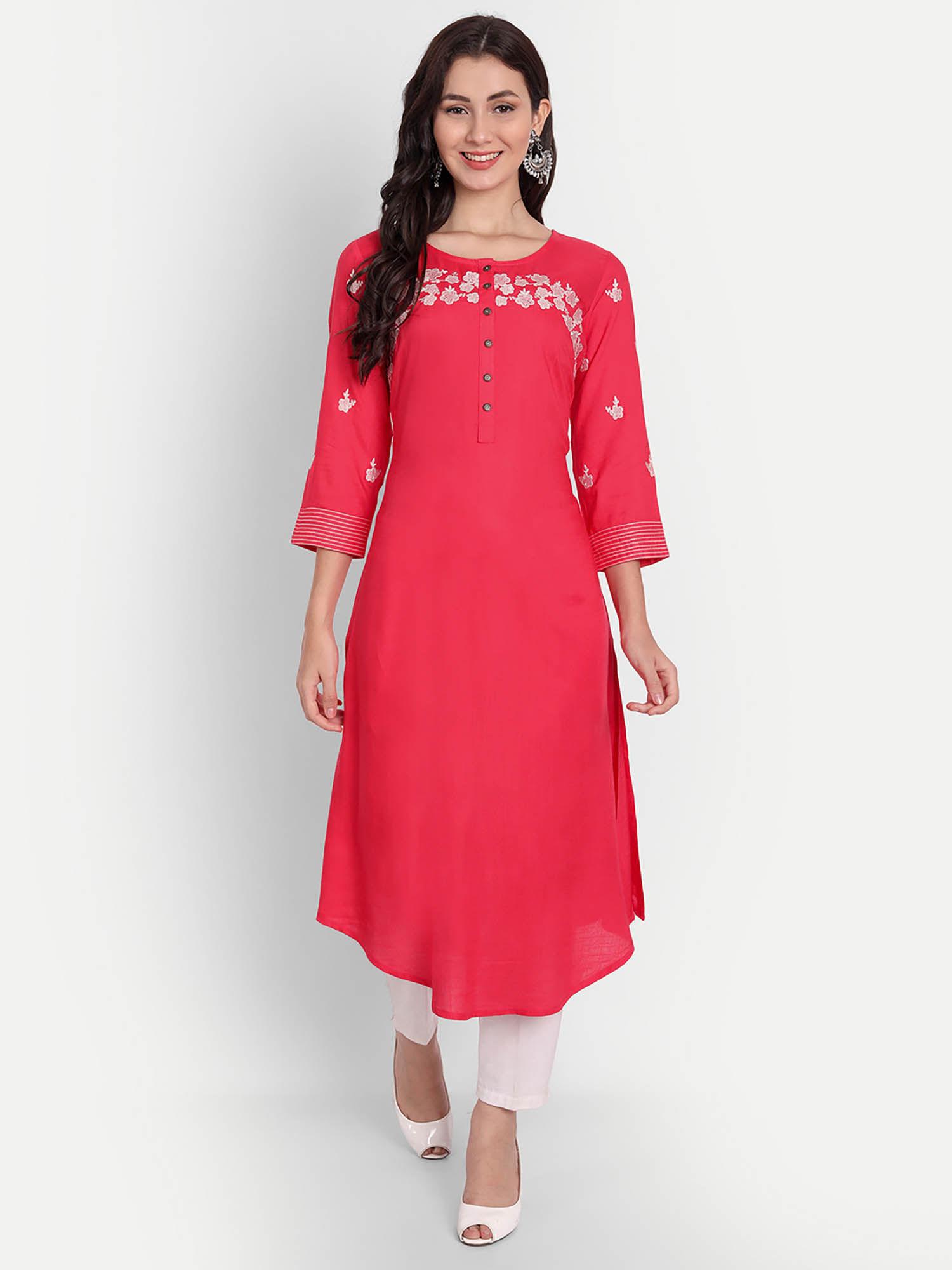 women rayon embroidery work long kurta coral