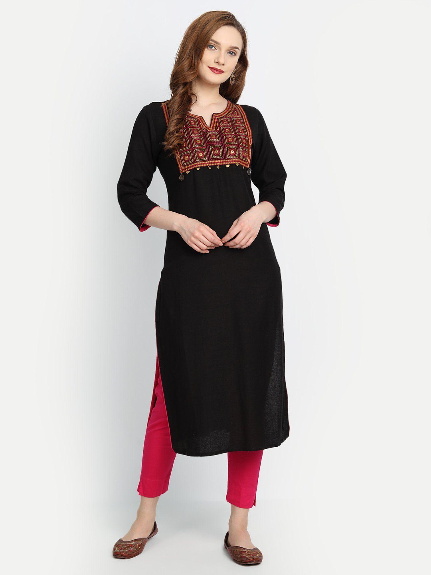 women rayon embroidery work straight long kurta black