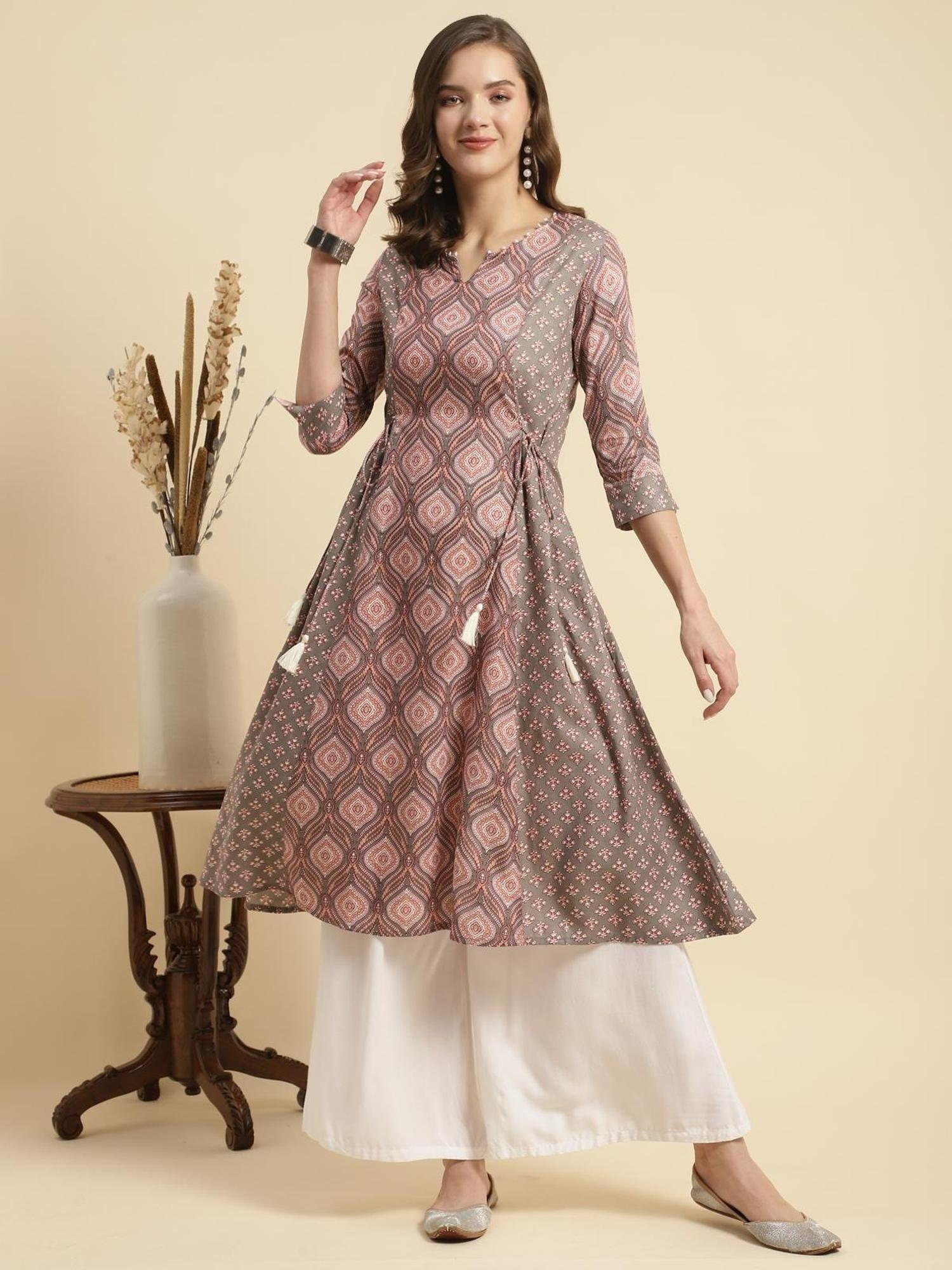 women rayon ethnic printed calf length flared kurta