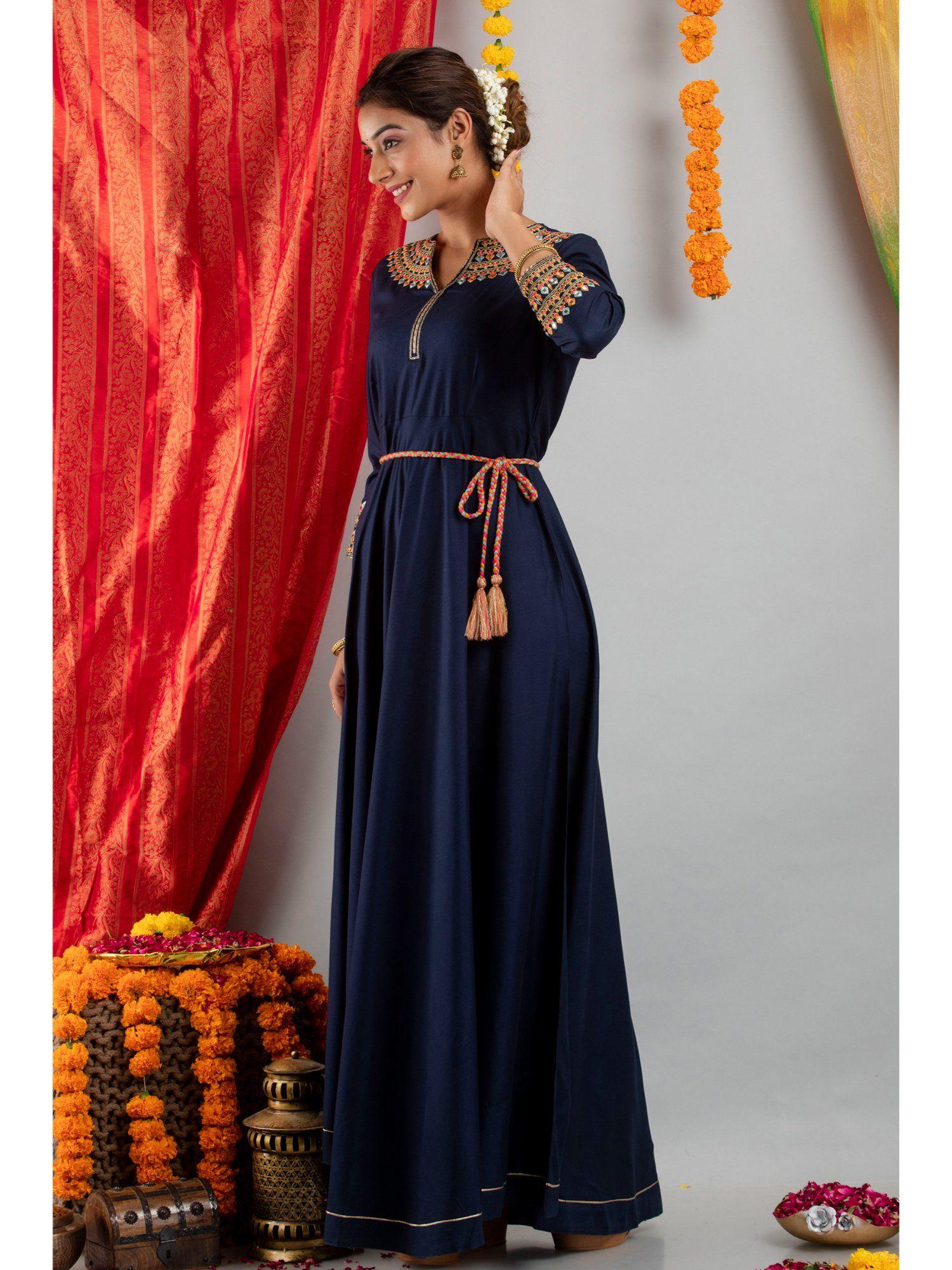 women rayon floor length hand embellished dress with belt navy blue (set of 2)