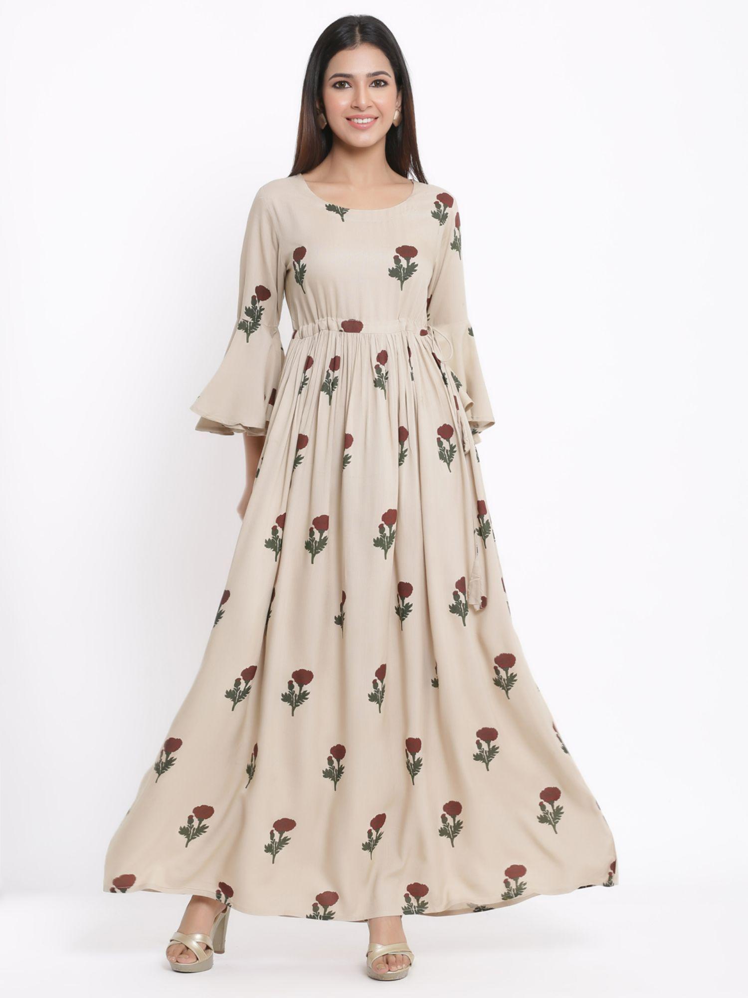 women rayon floral printed flared gown beige