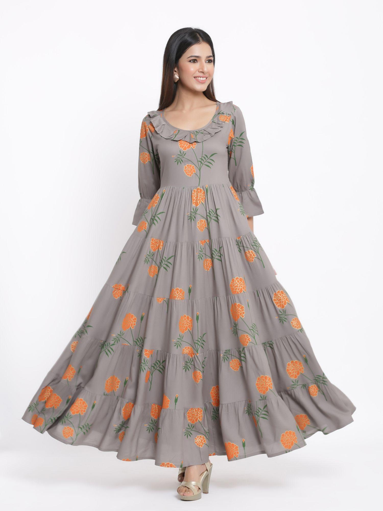women rayon floral printed flared gown grey