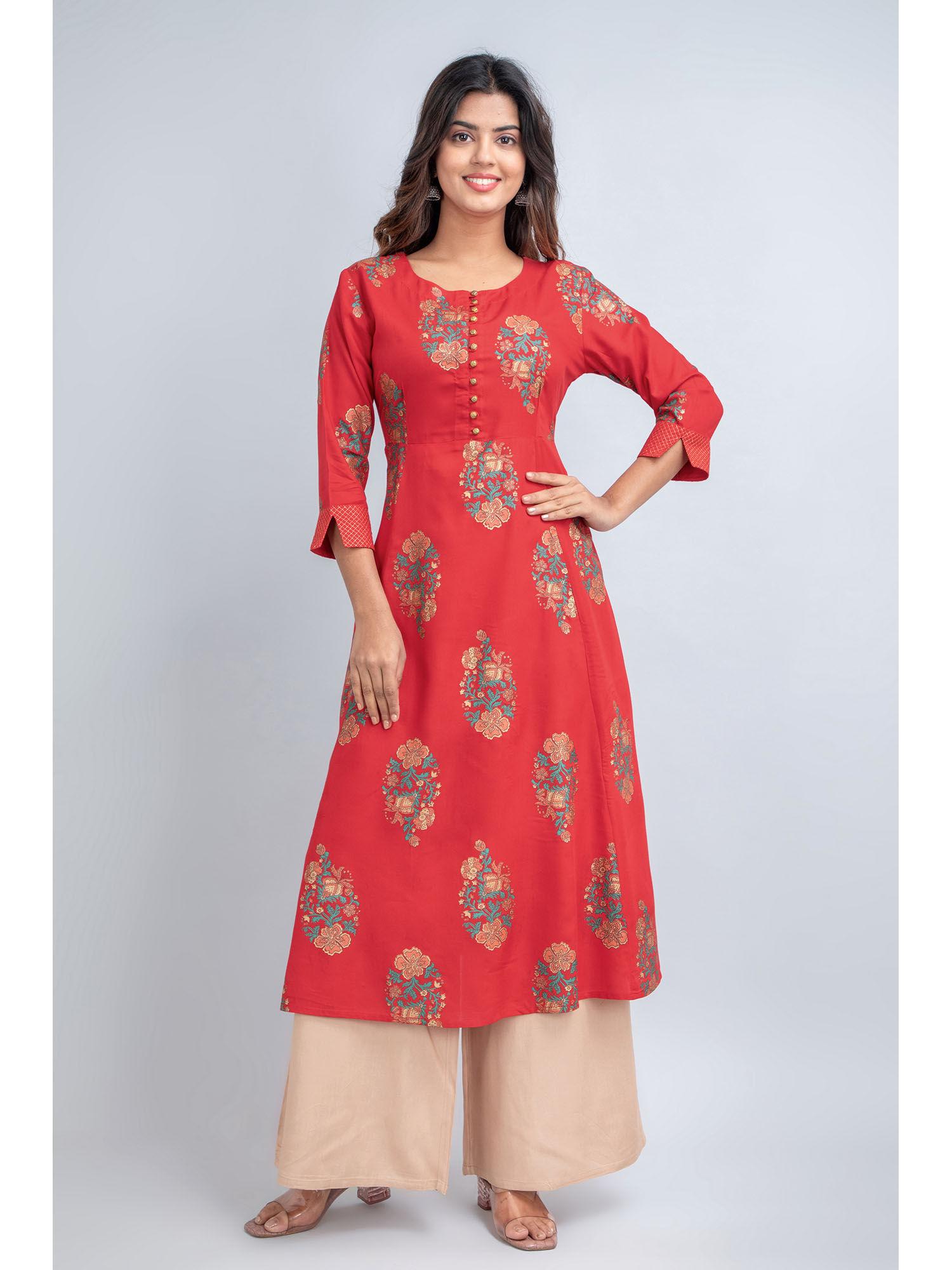 women rayon floral printed long flair kurta popy red