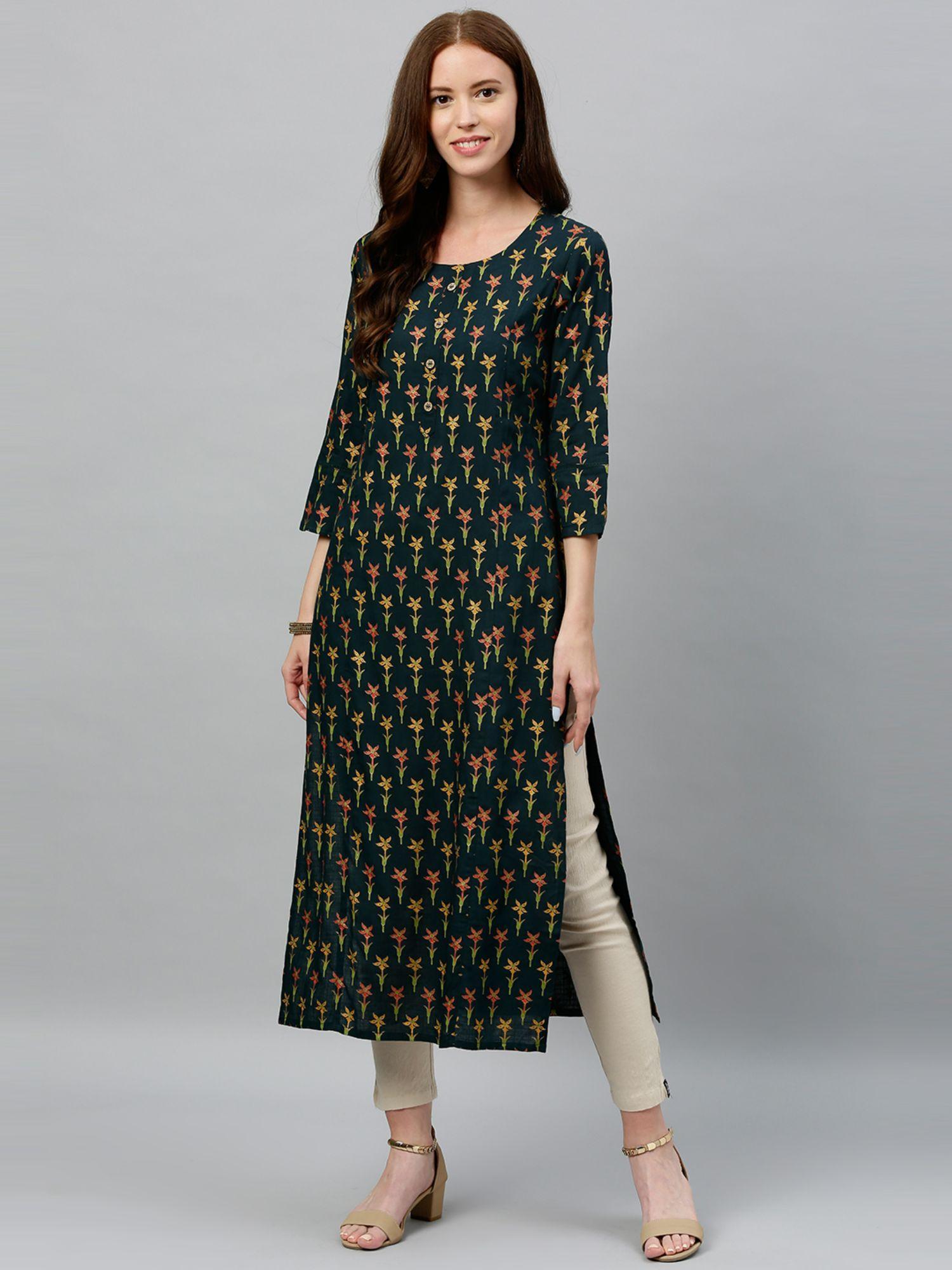 women rayon floral printed straight kurta green