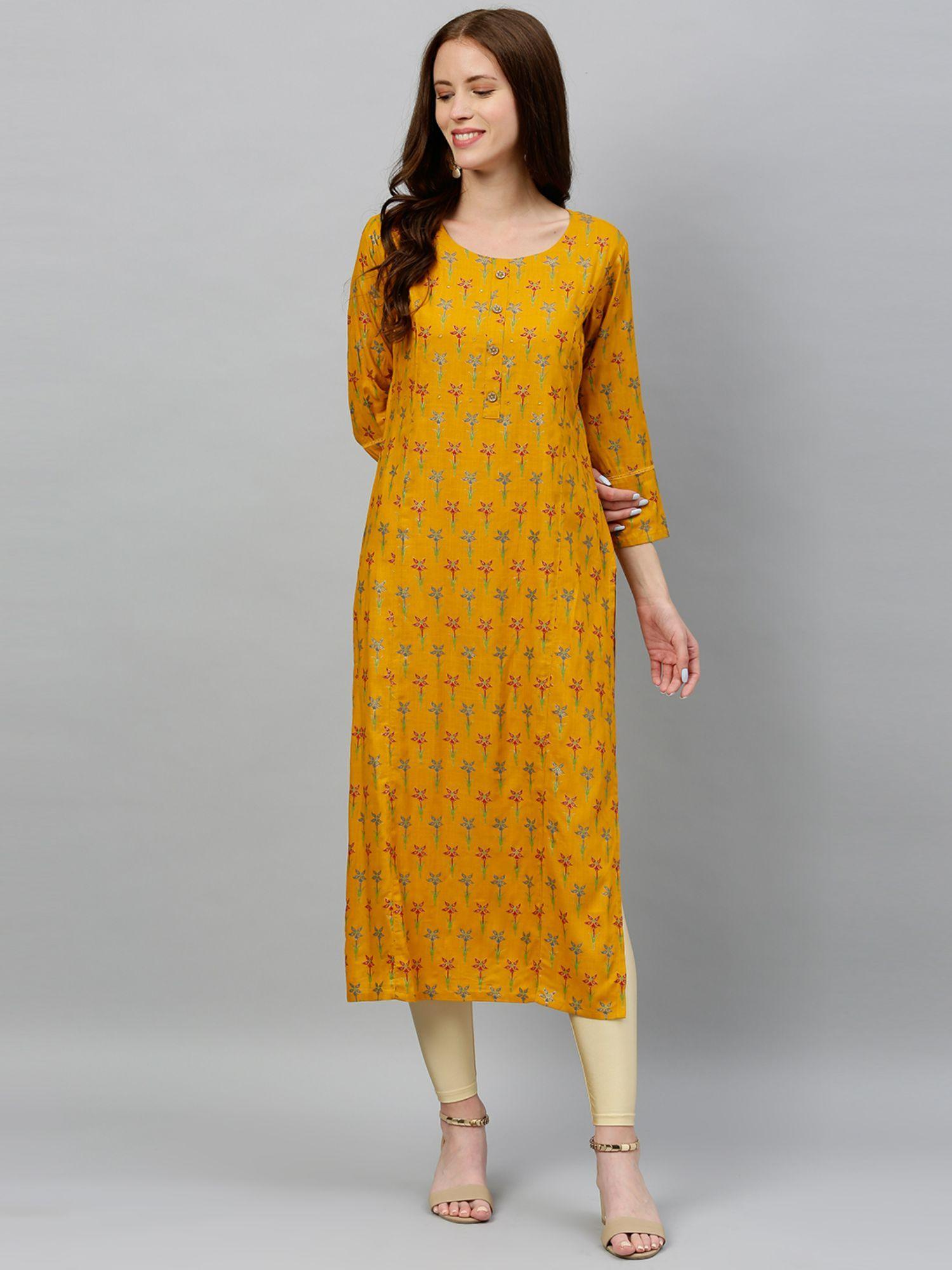 women rayon floral printed straight kurta mustard