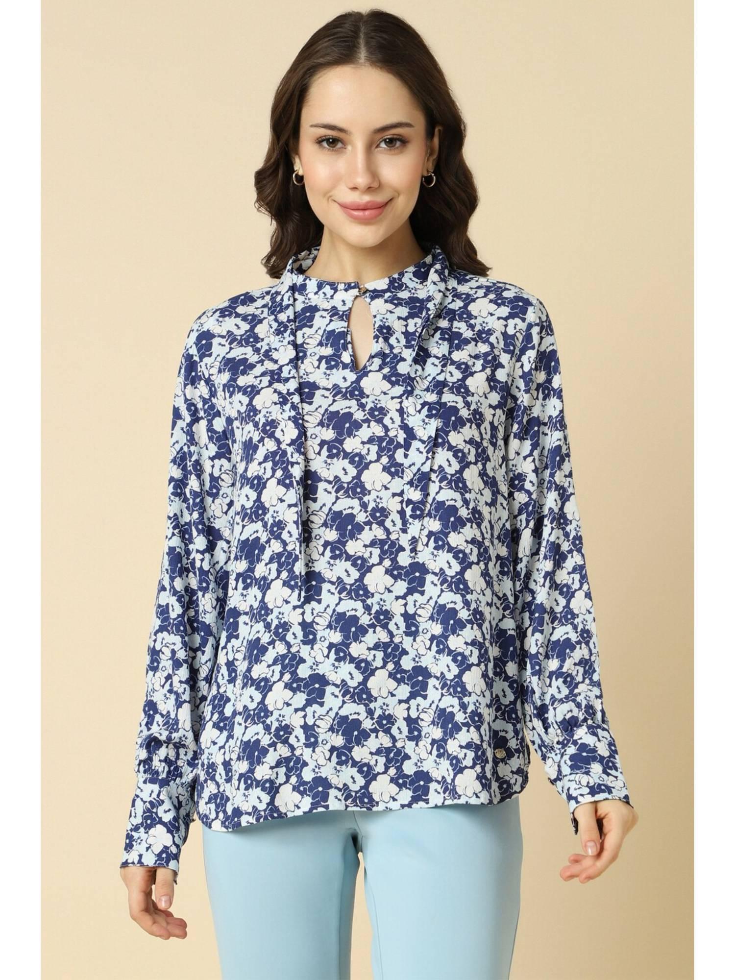 women rayon floral regular fit blue top