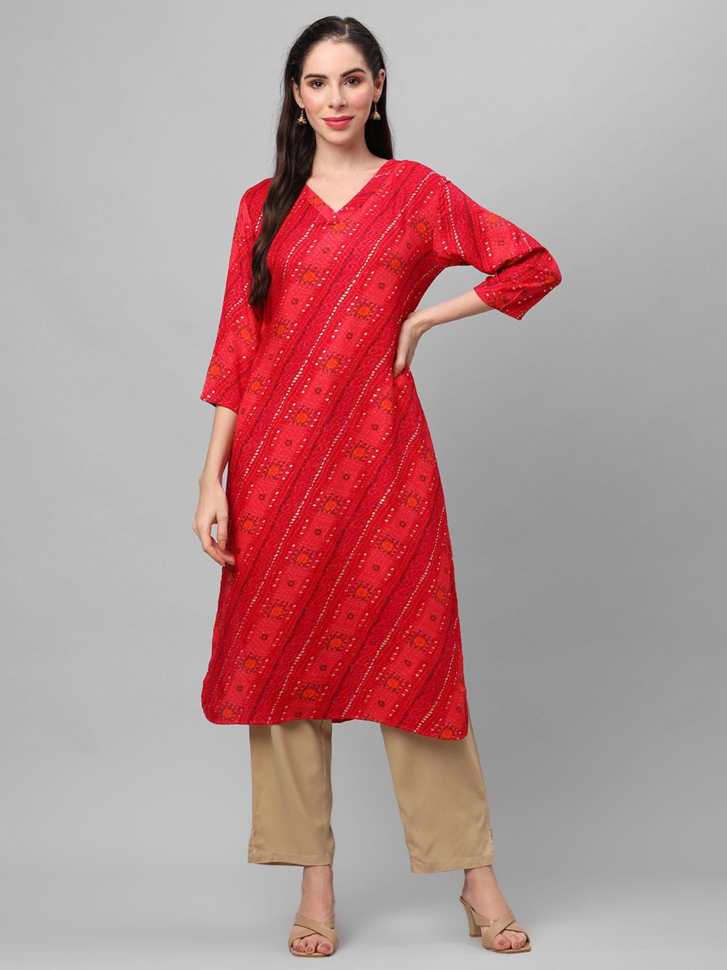 women rayon fuchsia bandhani printed kurta