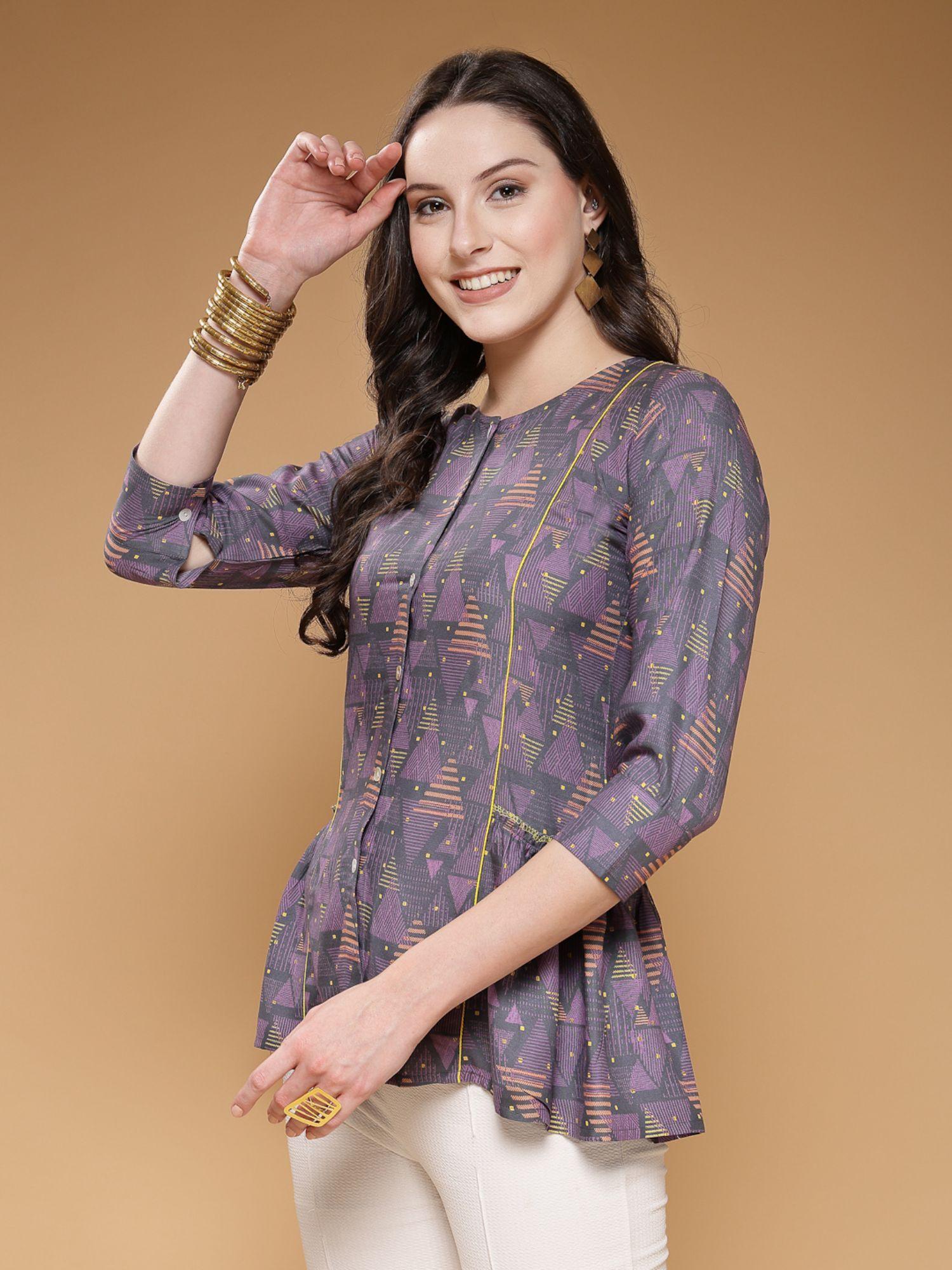 women rayon geometric printed purple top