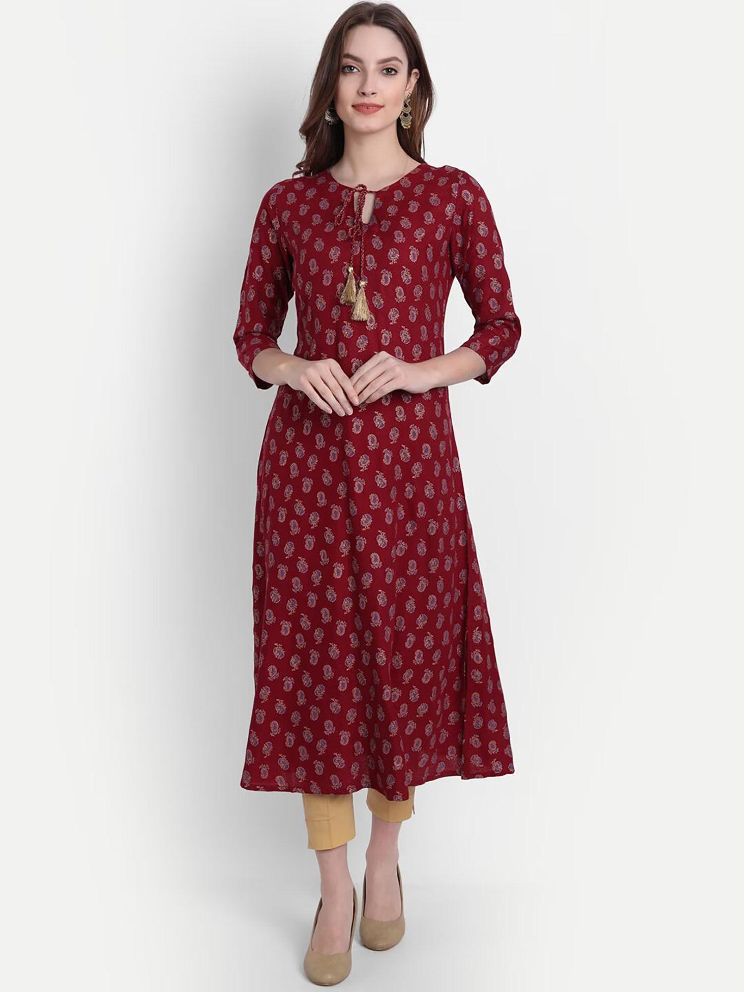 women rayon gold print a line kurta with tassels - red