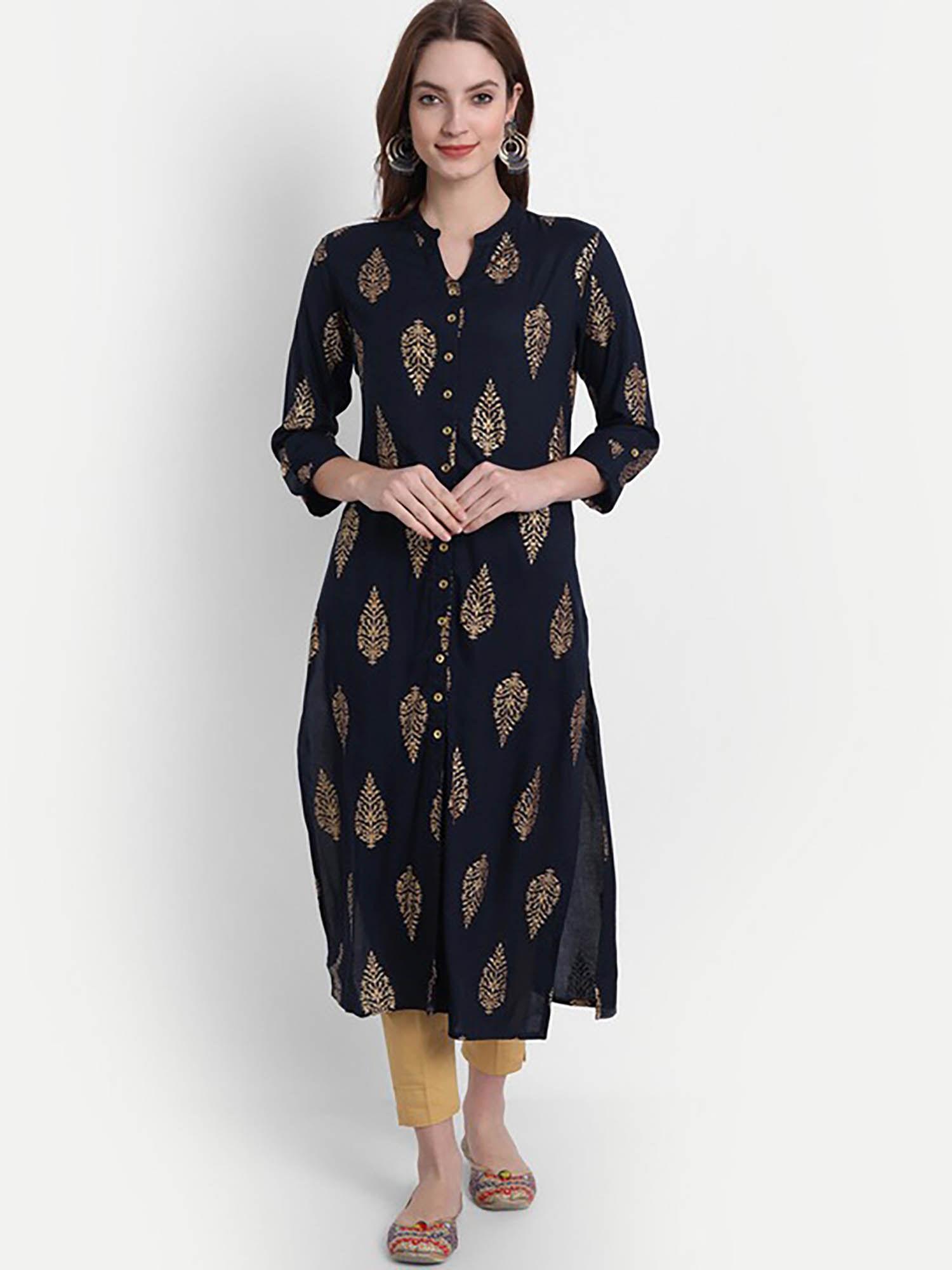 women rayon gold print long kurta with beautiful neck line blue