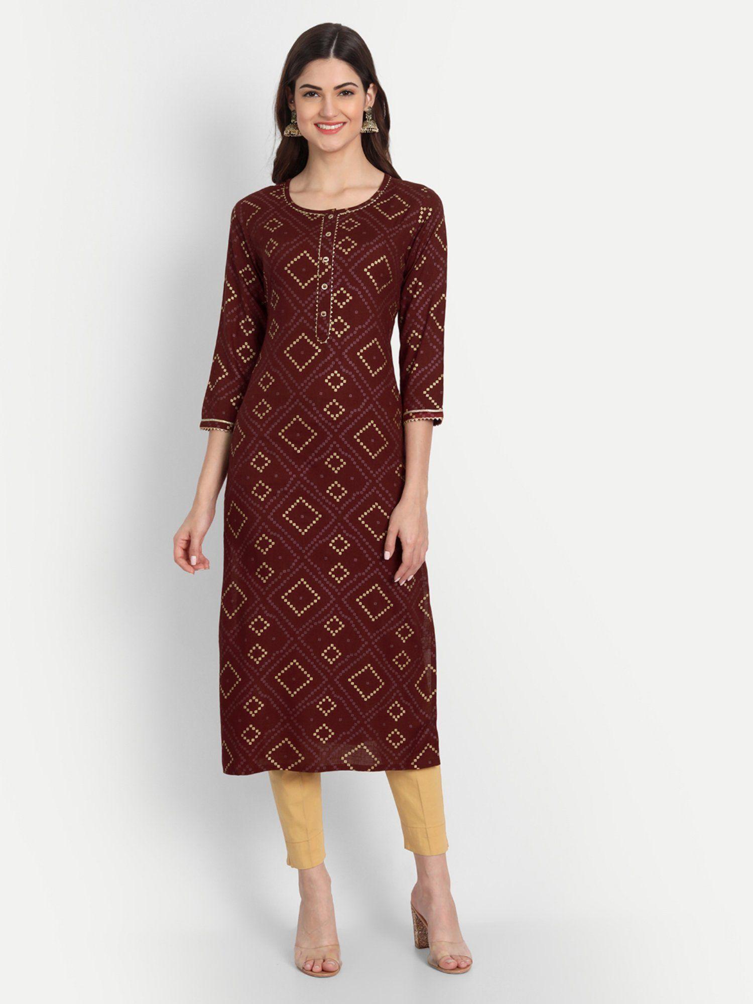 women rayon gold printed bandhni print gotta work kurti maroon