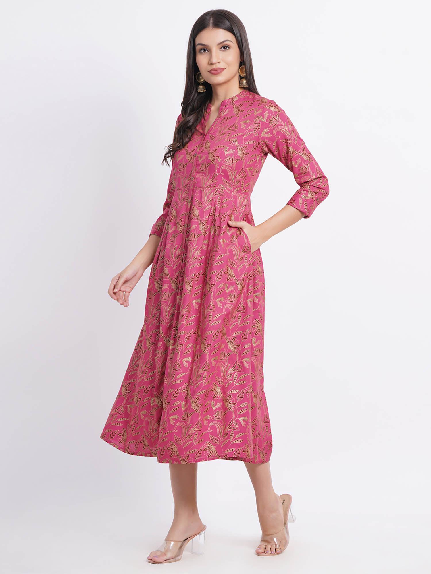 women rayon gold printed flared dress pink